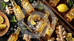 Ginger Beer and Citrus Fusion. An inviting array of ginger beer bottles amid fresh lemon wedges and mint leaves, nestled