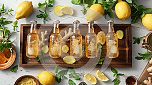 Ginger Beer and Citrus Fusion. An inviting array of ginger beer bottles amid fresh lemon wedges and mint leaves, nestled