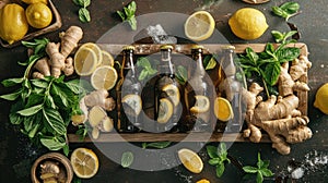 Ginger Beer and Citrus Fusion. An inviting array of ginger beer bottles amid fresh lemon wedges and mint leaves, nestled
