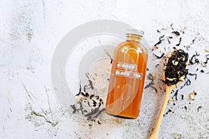 Ginger black tea Kombucha on white table background, Heathy probiotic drink