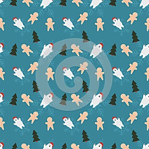 Ginger bread man, polar bear, Christmas tree, Snow flakes vector repeat pattern, Hand drawn Christmas repeat pattern for