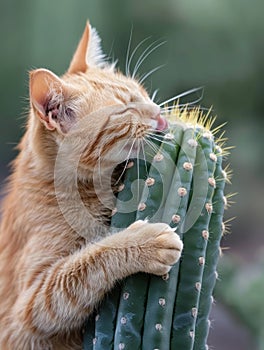 A ginger cat affectionately nuzzles a cactus, closing its eyes in apparent enjoyment, surrounded by soft-focused