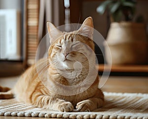 ginger cat with closed eyes, A serene ginger cat with closed eyes enjoying a warm sunbath on a cozy woven rug at home.