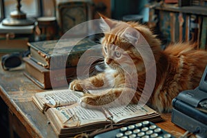 Ginger cat curiously observing from amidst vintage books.