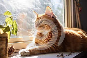 ginger cat enjoying a sunbeam by a window