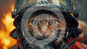 Ginger cat in firefighter costume with helmet on fire background