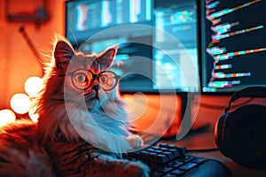 Ginger cat with glasses poses at a desk, exuding a scholarly air amidst a warm, bokeh light background