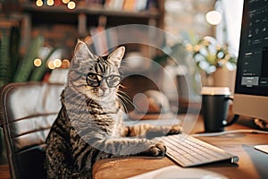 Ginger cat with glasses poses at a desk, exuding a scholarly air amidst a warm, bokeh light background