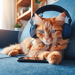 Ginger cat with headphones on his head lies on a blue sofa and holds a phone in his paws