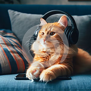 Ginger cat with headphones on his head lies on a blue sofa and holds a phone in his paws
