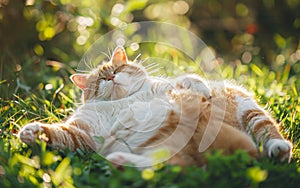 A ginger cat lies contentedly in the sunlight, stretching luxuriously among the lush green grass. Its eyes are gently