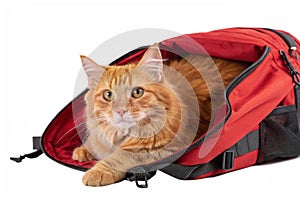 a ginger cat lying in a red backpack looking directly in front isolated on white background - generated by ai