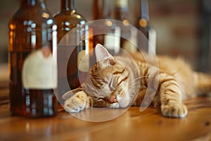 Ginger cat napping among wine bottles, epitome of cozy domesticity