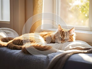 A Ginger Cat's Nap in the Warmth of Morning Sunlight.