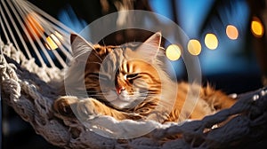 Twilight Repose: Content Ginger Cat in Cozy Hammock. AI generation