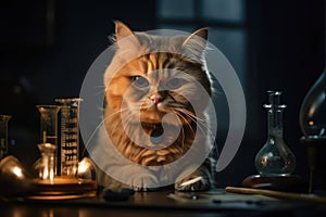 A ginger cat scientist sitting behind a laboratory table with test tubes and flasks. Created with Generative AI