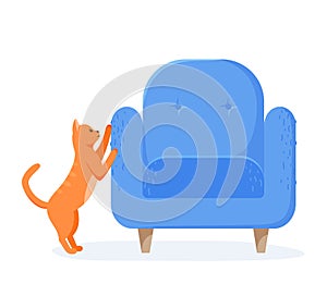 Ginger cat scratching chair. Nasty kitten destroying home furniture with claws. Bad behaved pet tearing sofa. Flat style