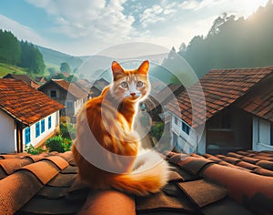 A ginger cat sits gracefully on a brown tiled roof, rustic village photo