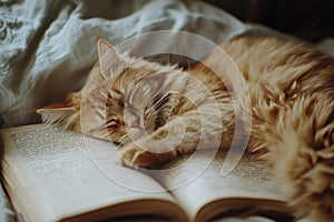 Ginger cat sleeping peacefully on open book in bed