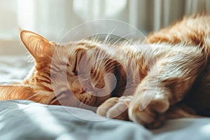 Ginger cat sleeping peacefully on soft bed in sunlight