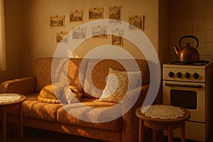 A ginger cat sleeps peacefully on a vintage orange couch in a sunlit kitchen, surrounded by warm tones and nostalgia photo
