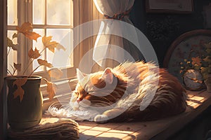 Ginger cat sleeps on the windowsill in the rays of the autumn sun.