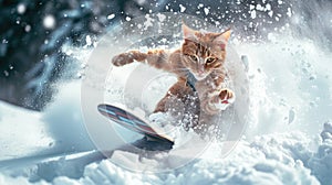 Ginger cat snowboarder going down ski slope in winter, funny pet rides snowboard with splash of snow powder. Concept of sport,