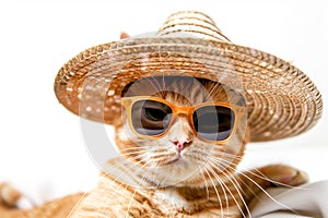 A ginger cat in sunglasses and a sombrero hat, isolated on a white background