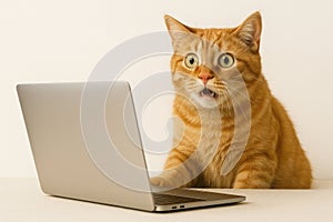A ginger cat with a surprised expression in front of a laptop.