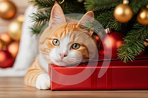 Ginger Cat Surprises from Gift Box Amidst Christmas Tree: Feline Festive Charm.