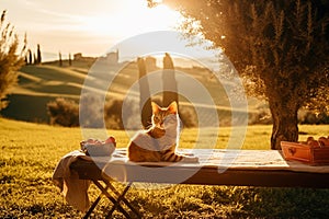 Ginger cat in Tuscany. Generative AI