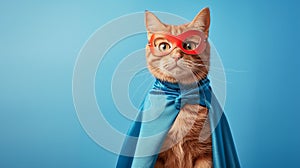 A ginger cat wearing a blue cape and a red mask against a blue background.