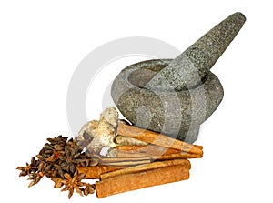Ginger, cinnamon and star anise with stone pounder photo