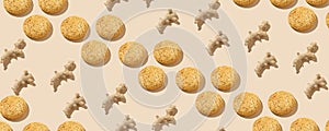 Ginger Cookies with poppy in pattern on the beige pastel background. No sugar. Top view of ginger protein cookies.Healthy and