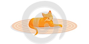 Ginger cute cat lies on a cozy carpet. Vector cartoon illustration.