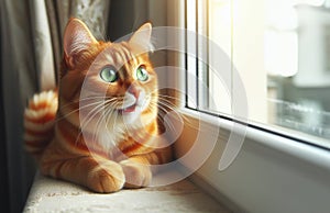 Ginger cute cat sits by the window waiting for his owner