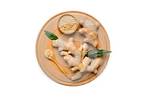 ginger on Cutting board table, isolated on white background top view. Space for text