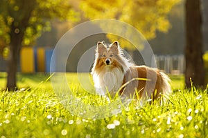 Ginger dog in the park. Sunny day. Sheltie - Shetland sheepdog.