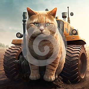 Ginger farmer cat sitting infront of a tractor in a field. Created with Generative AI. Midjourney illustration