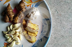 Ginger garlic paste, homemade paste spicy herb ingredient of Thai Asian food.