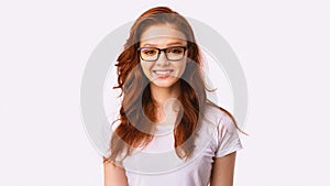 Ginger-Haired Girl In Eyewear Smiling To Camera, Panorama, Studio Shot