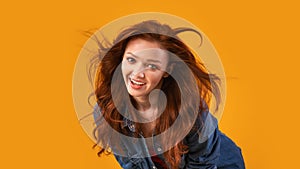 Ginger-Haired Girl Posing Playing With Red Hair In Studio, Panorama