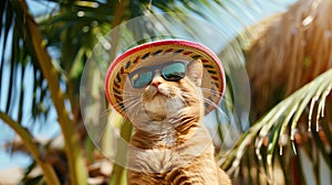 A ginger handsome cat in sunglasses and a sombrero hat