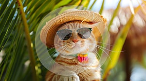 A ginger handsome cat in sunglasses and a sombrero hat