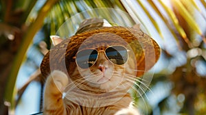 A ginger handsome cat in sunglasses and a sombrero hat seating under palm tree