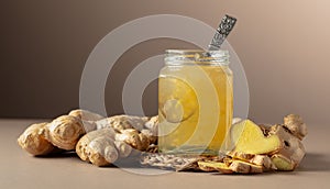Ginger jam in small square jar and fresh ginger