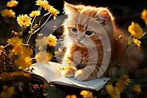 Ginger Kitten in Colorful Garden, Ideal for Pet Calendar or Storybook Illustration