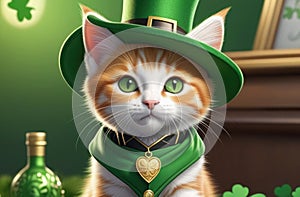 Ginger kitten dons a green hat, St. Patrick's Day, green background
