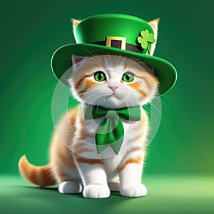 Ginger kitten dons a green hat, St. Patrick's Day, green background