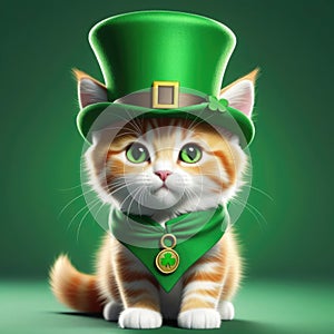 Ginger kitten dons a green hat, St. Patrick's Day, green background